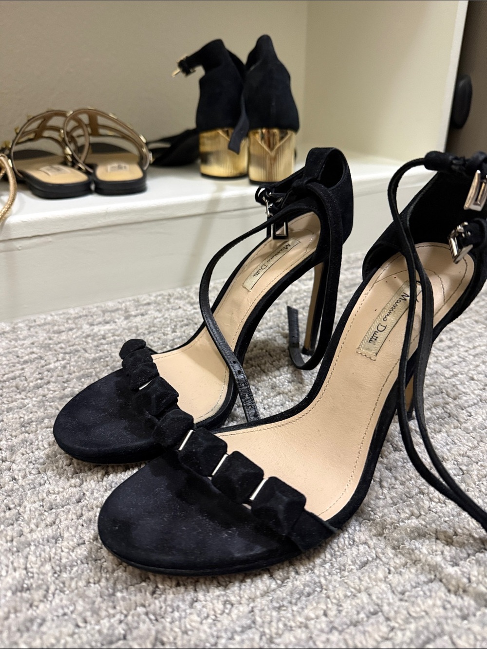 Massimo Dutti Black Suede Ruffle Ankle-Tie Heels